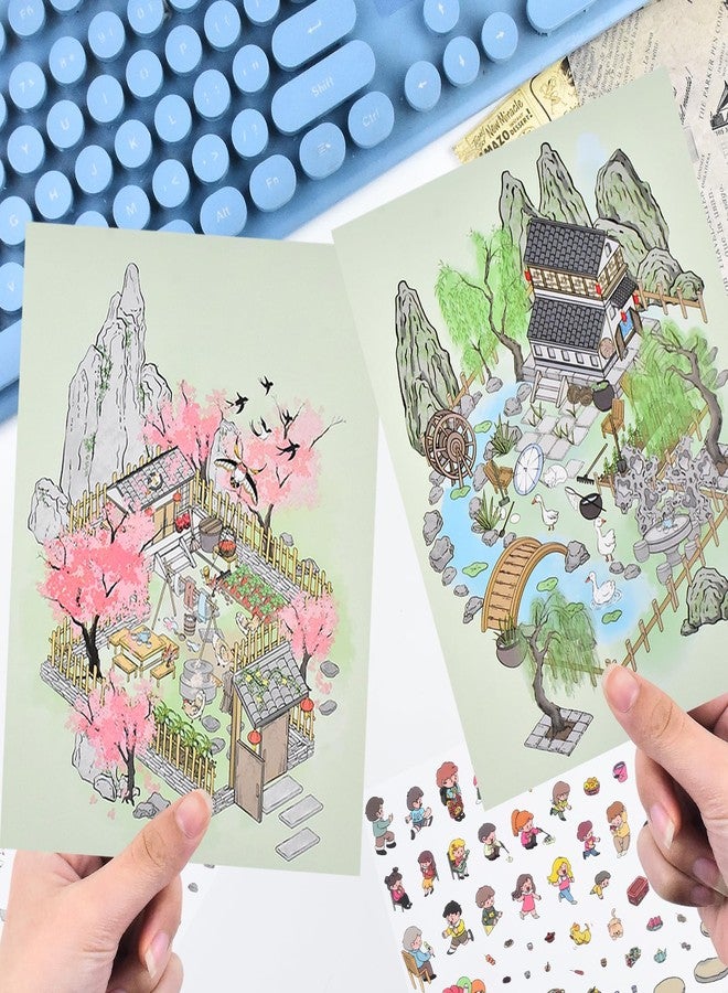 HOMICO 4 Sets Vintage 3D Sticker Scene 3D House Stickers with Tweezers Vintage Mountain Courtyard Natural Scenes Make Your Own House Miniature Scene Stickers - Image 2